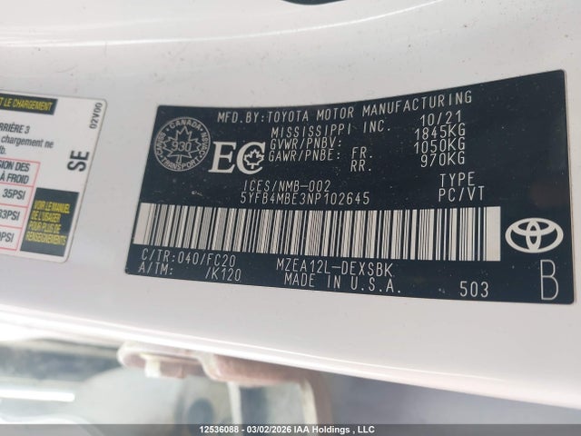 5YFB4MBE3NP102645 Toyota COROLLA SE