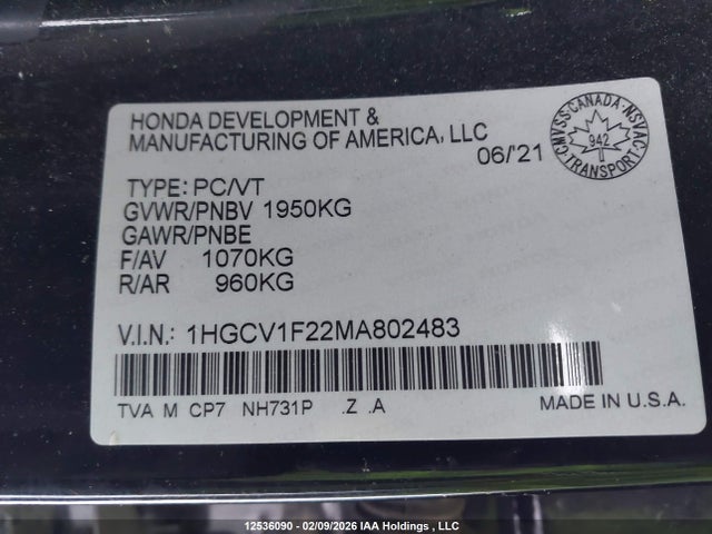 1HGCV1F22MA802483 Honda Accord Se 1.5t