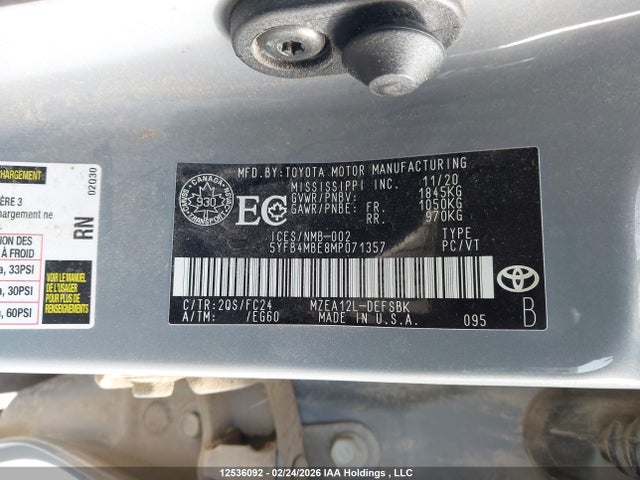 12536092 :رقم المزاد ، 5YFB4MBE8MP071357 vin ، 2021 Toyota Corolla Se مزاد بيع