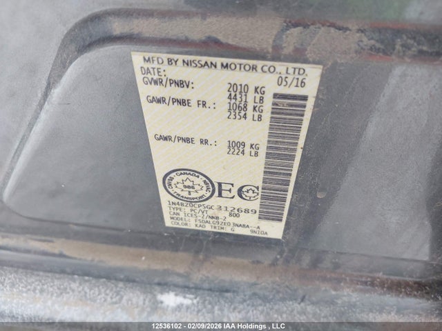 1N4BZ0CP5GC312689 Nissan Leaf S/sl/sv
