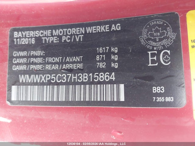 WMWXP5C37H3B15864 Mini 3 Door Cooper