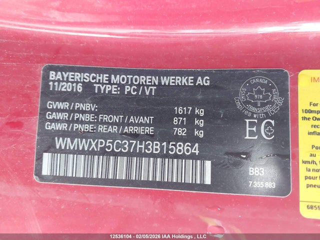 WMWXP5C37H3B15864 Mini 3 Door Cooper
