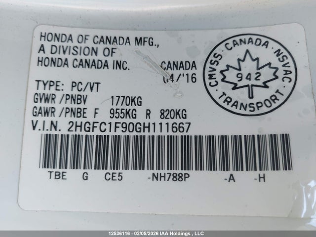 2HGFC1F90GH111667 Honda Civic Touring