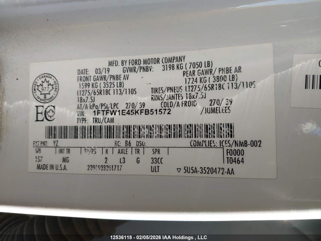 Продажа на аукционе авто 2019 Ford F150 Supercrew, vin: 1FTFW1E45KFB51572, номер лота: 12536118