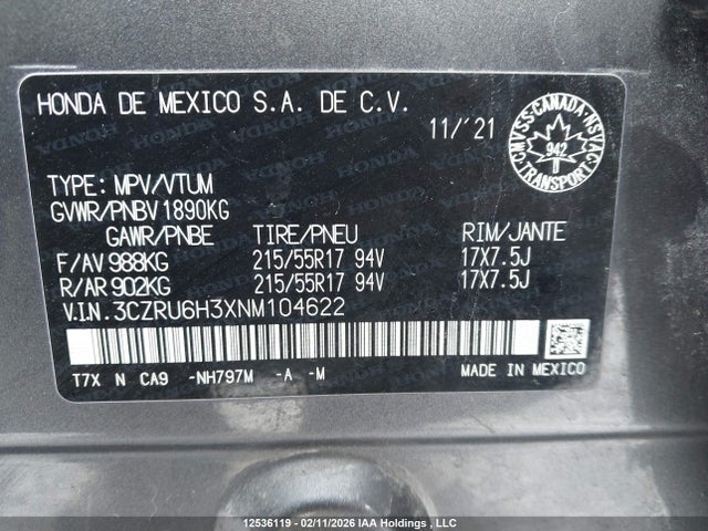 3CZRU6H3XNM104622 Honda HR-V LX
