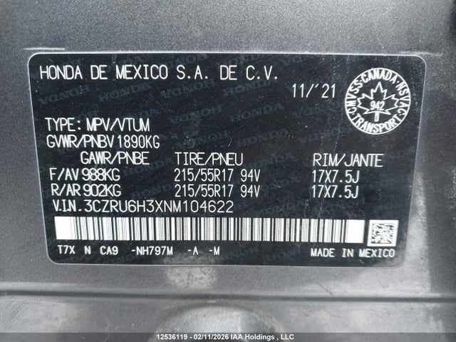 3CZRU6H3XNM104622 Honda HR-V LX