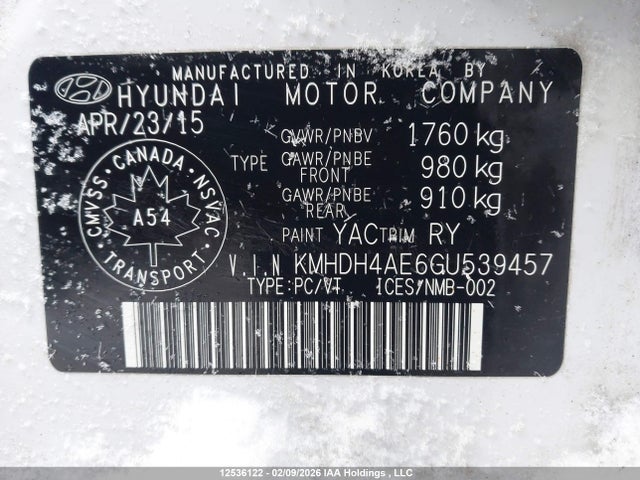 2016 Hyundai Elantra Sport Appearance მანქანა იყიდება აუქციონზე, vin: KMHDH4AE6GU539457, აუქციონის ნომერი: 12536122