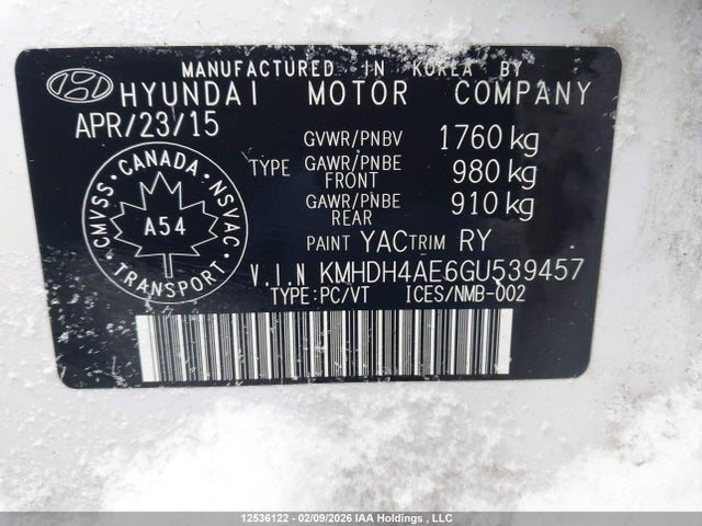 2016 Hyundai Elantra Sport Appearance მანქანა იყიდება აუქციონზე, vin: KMHDH4AE6GU539457, აუქციონის ნომერი: 12536122