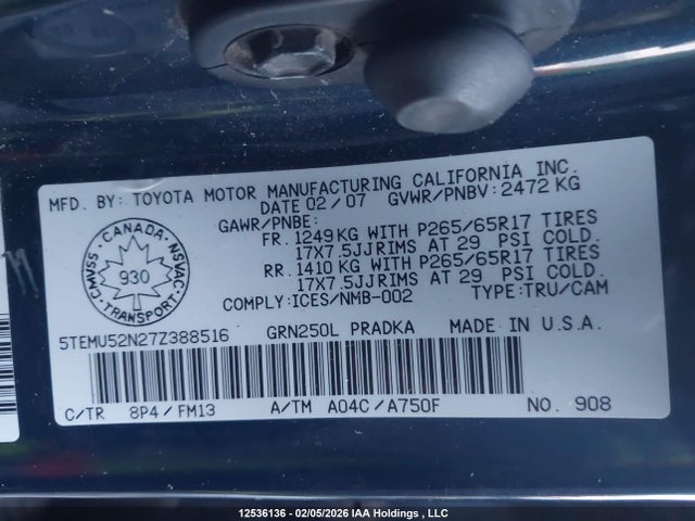 Продаж на аукціоні авто 2007 Toyota Tacoma Double Cab Long Bed, vin: 5TEMU52N27Z388516, номер лоту: 12536136