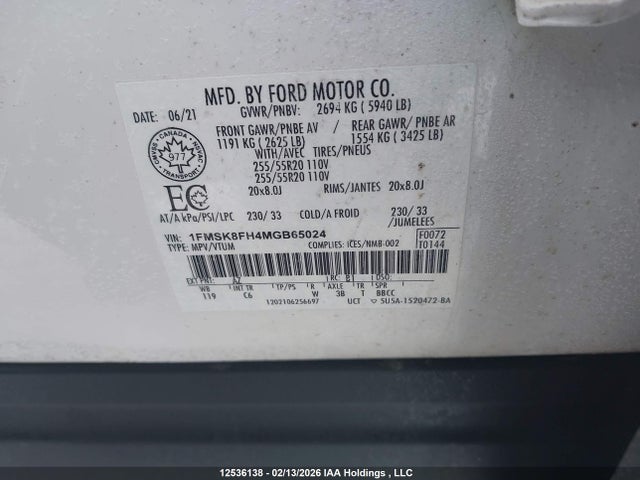 Продажа на аукционе авто 2021 Ford Explorer Limited, vin: 1FMSK8FH4MGB65024, номер лота: 12536138