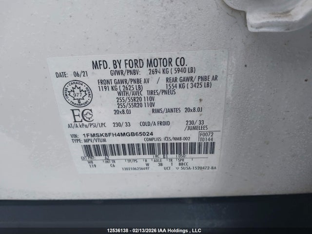 Продажа на аукционе авто 2021 Ford Explorer Limited, vin: 1FMSK8FH4MGB65024, номер лота: 12536138