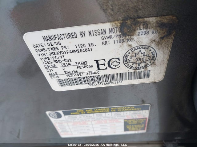 Aukcja sprzedaży 2006 Infiniti M35 Sport, vin: JNKAY01F46M264841, numer aukcji: 12536192