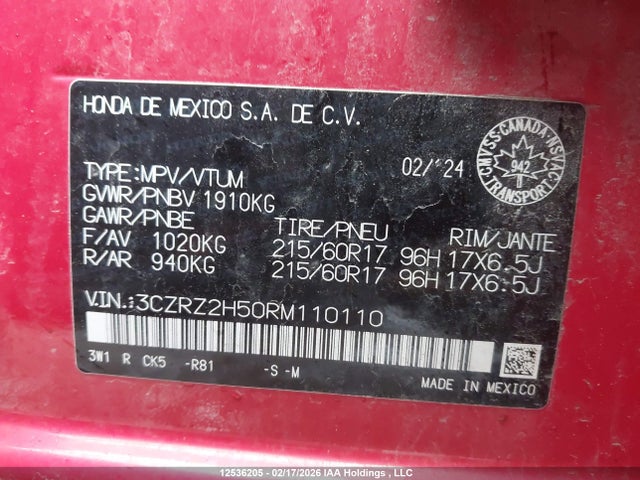 3CZRZ2H50RM110110 Honda Hr-v Sport-b