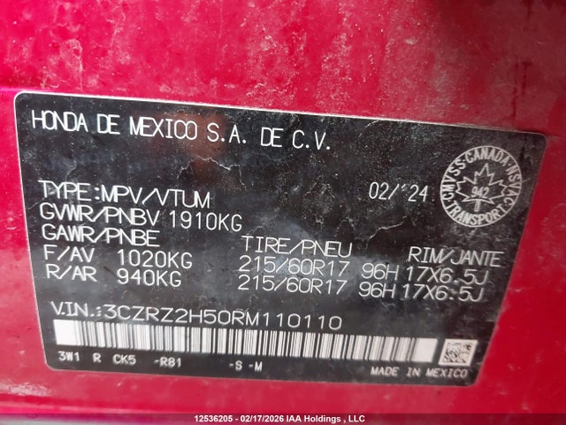 3CZRZ2H50RM110110 Honda Hr-v Sport-b