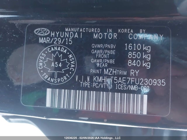 12536225 :رقم المزاد ، KMHCT5AE7FU230935 vin ، 2015 Hyundai Accent مزاد بيع