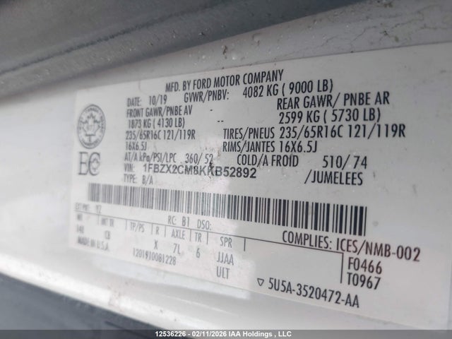12536226 :رقم المزاد ، 1FBZX2CM8KKB52892 vin ، 2019 Ford Transit T-350 مزاد بيع