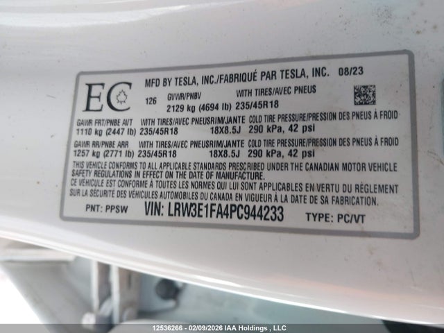 LRW3E1FA4PC944233 Tesla Model 3 Rwd