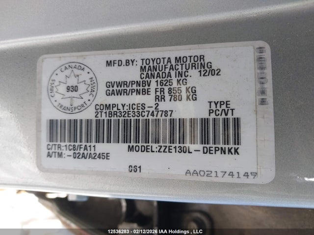 Aukcja sprzedaży 2003 Toyota Corolla Ce/le/sport, vin: 2T1BR32E33C747787, numer aukcji: 12536283