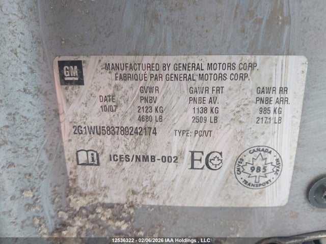 12536322 :رقم المزاد ، 2G1WU583789242174 vin ، 2008 Chevrolet Impala Ltz مزاد بيع