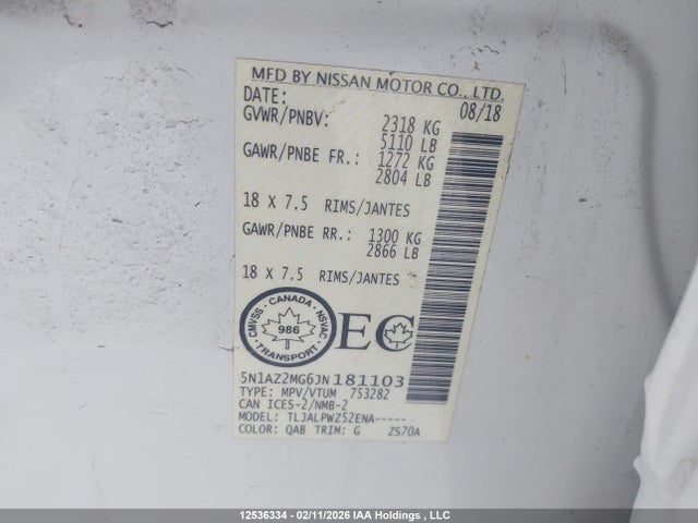 5N1AZ2MG6JN181103 Nissan Murano S/sl/sv/platinum