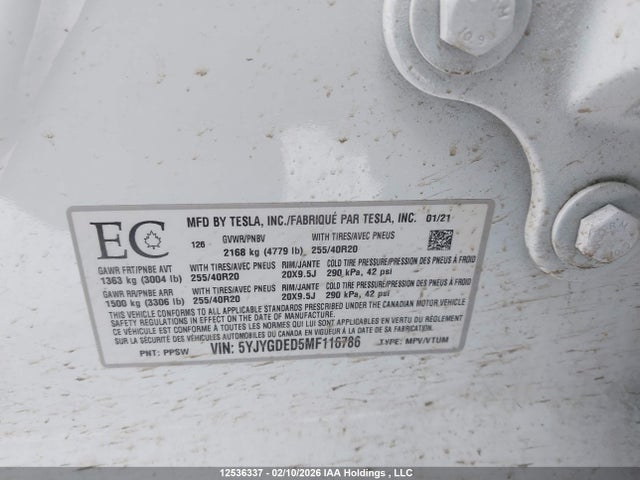 Tesla Model Y Standard Range Rear-wheel Drive 2021 5YJYGDED5MF116786 Image 9