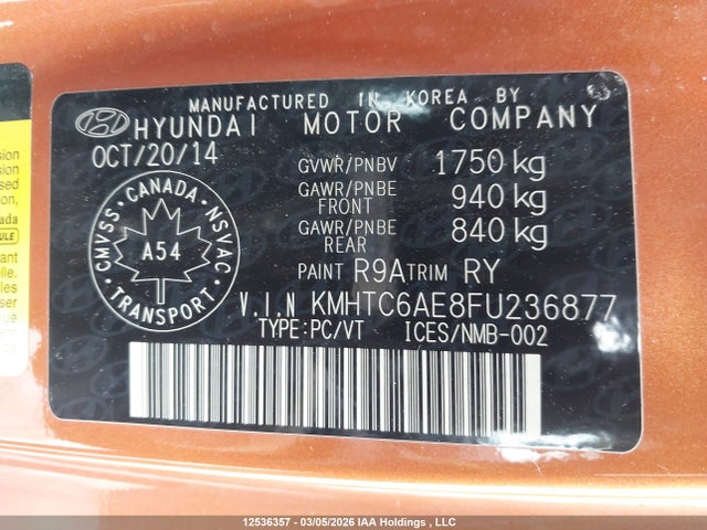 2015 Hyundai Veloster Turbo მანქანა იყიდება აუქციონზე, vin: KMHTC6AE8FU236877, აუქციონის ნომერი: 12536357