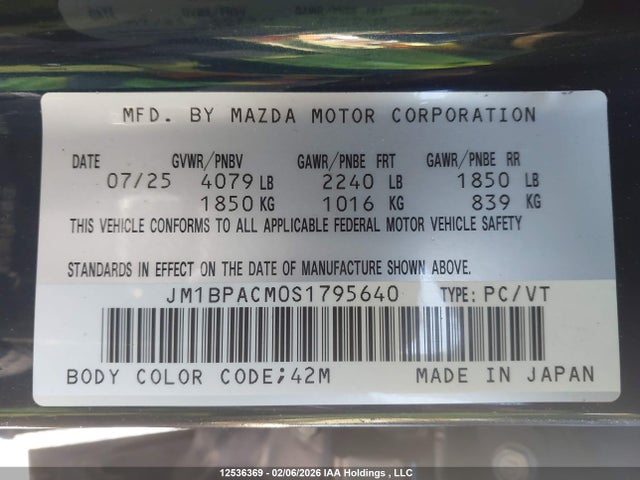 Aukcja sprzedaży 2025 Mazda 3 Preferred, vin: JM1BPACM0S1795640, numer aukcji: 12536369