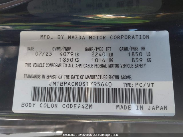 Aukcja sprzedaży 2025 Mazda 3 Preferred, vin: JM1BPACM0S1795640, numer aukcji: 12536369