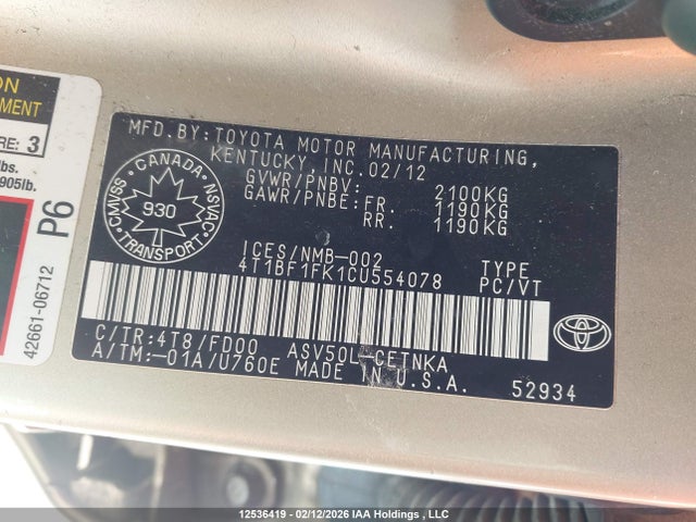 2012 Toyota Camry Le მანქანა იყიდება აუქციონზე, vin: 4T1BF1FK1CU554078, აუქციონის ნომერი: 12536419