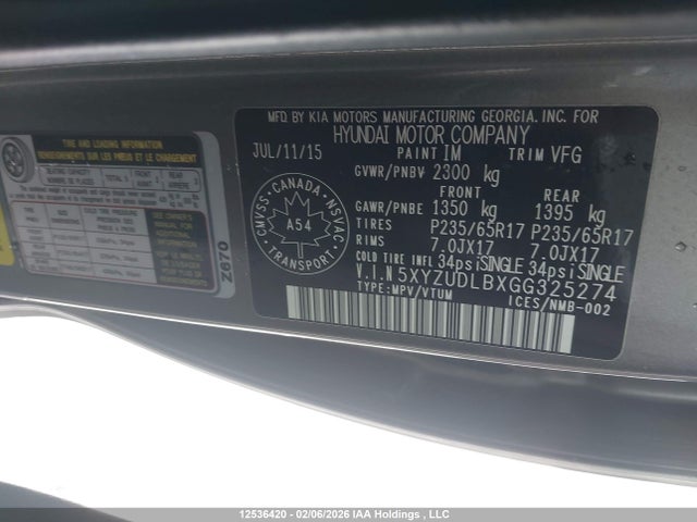 5XYZUDLBXGG325274 Hyundai SANTA FE SPORT