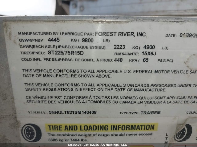 Продаж на аукціоні авто 2025 Forest River Haulin' Edge, vin: 5NHULT621SM140408, номер лоту: 12536421