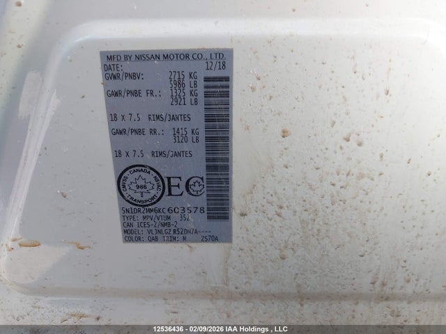 5N1DR2MM6KC603578 Nissan Pathfinder Platinum/s/sl Premium/sv Tech
