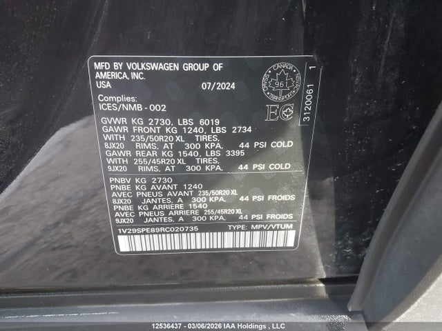 12536437 :رقم المزاد ، 1V29SPE89RC020735 vin ، 2024 Volkswagen Id.4 Pro S مزاد بيع
