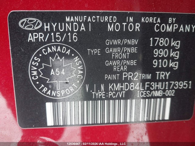 KMHD84LF3HU173951 Hyundai ELANTRA GL