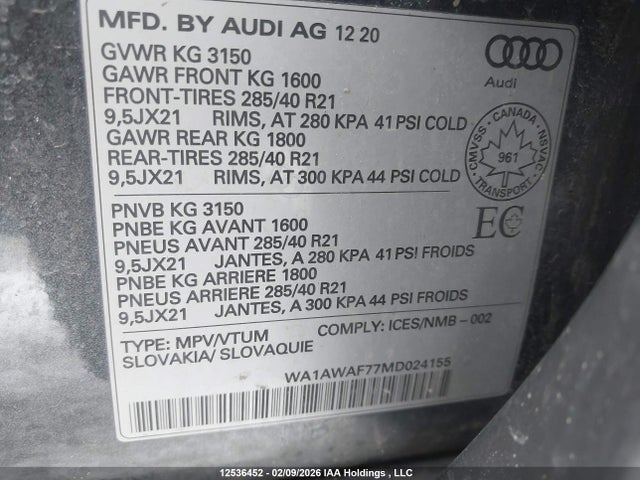 WA1AWAF77MD024155 Audi Sq7 Premium Plus Tfsi Quattro Tiptronic