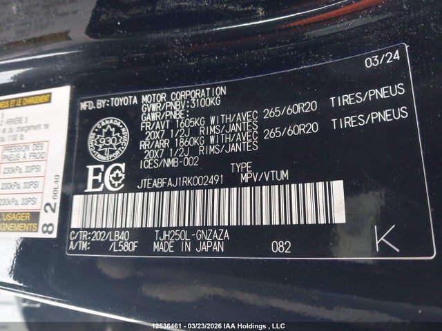 Aukcja sprzedaży 2024 Toyota Land Cruiser, vin: JTEABFAJ1RK002491, numer aukcji: 12536461