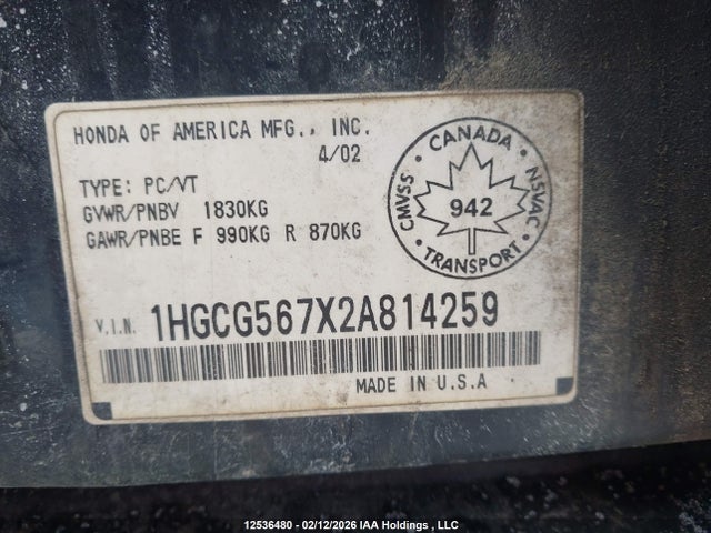 Продаж на аукціоні авто 2002 Honda Accord Se, vin: 1HGCG567X2A814259, номер лоту: 12536480