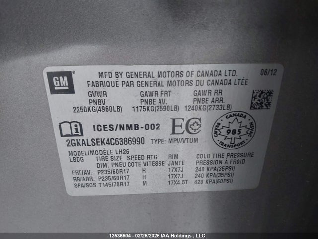 Aukcja sprzedaży 2012 Gmc Terrain, vin: 2GKALSEK4C6386990, numer aukcji: 12536504