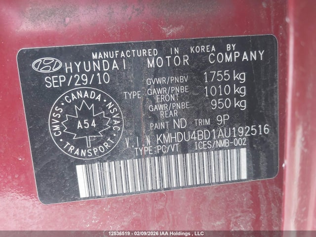 12536519 :رقم المزاد ، KMHDU4BD1AU192516 vin ، 2010 Hyundai Elantra Blue/gls/se مزاد بيع