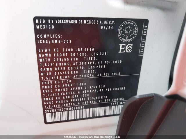 3VVUX7B27RM078596 Volkswagen TAOS SE