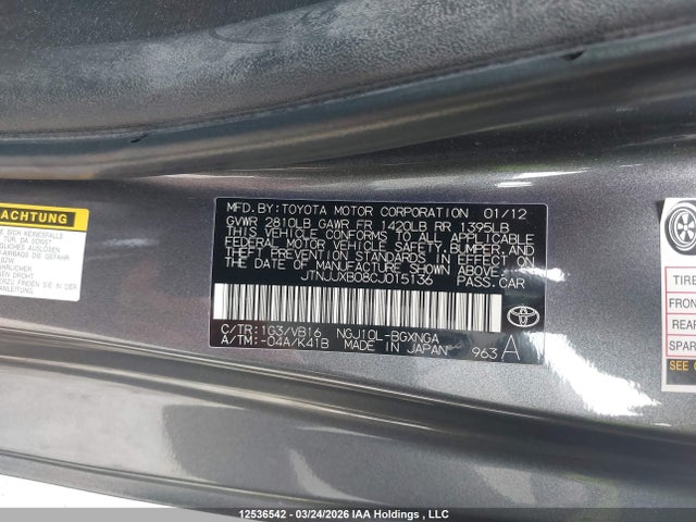 12536542 :رقم المزاد ، JTNJJXB08CJ015136 vin ، 2012 Toyota Scion Iq مزاد بيع