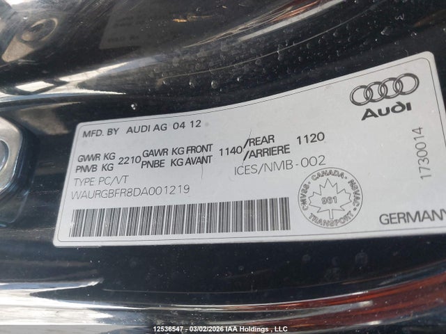 Продаж на аукціоні авто 2013 Audi S5 Premium, vin: WAURGBFR8DA001219, номер лоту: 12536547