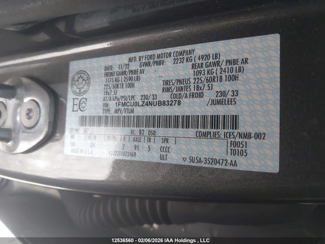 1FMCU0LZ4NUB83278 Ford Escape Titanium