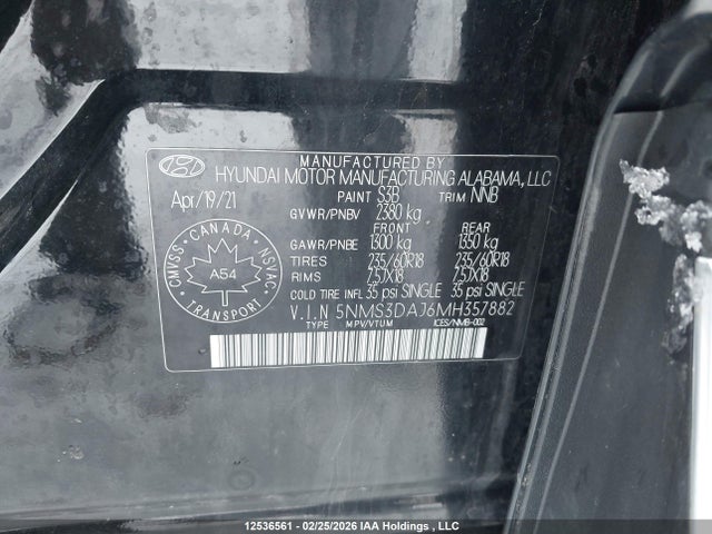 12536561 :رقم المزاد ، 5NMS3DAJ6MH357882 vin ، 2021 Hyundai Santa Fe مزاد بيع