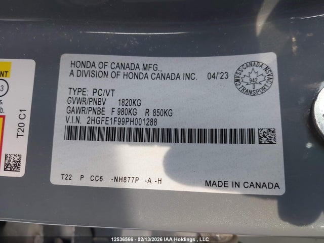 Aukcja sprzedaży 2023 Honda Civic Touring, vin: 2HGFE1F99PH001288, numer aukcji: 12536566