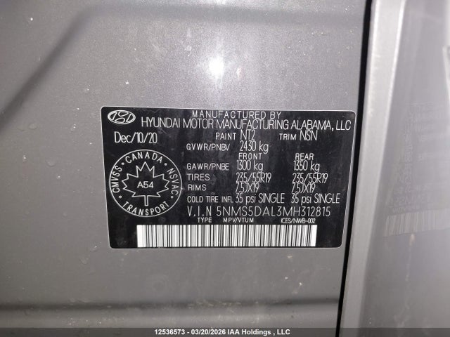 12536573 :رقم المزاد ، 5NMS5DAL3MH312815 vin ، 2021 Hyundai Santa Fe Calligraphy مزاد بيع