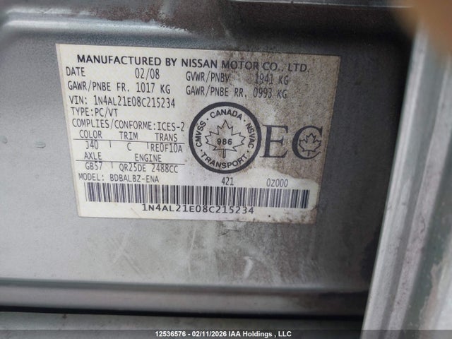 12536576 :رقم المزاد ، 1N4AL21E08C215234 vin ، 2008 Nissan Altima 2.5 S مزاد بيع