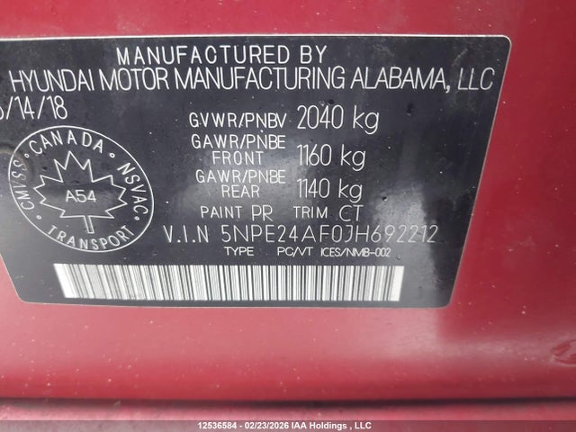 5NPE24AF0JH692212 Hyundai SONATA SE