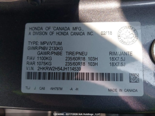 2HKRW2H54JH114539 Honda CR-V EX