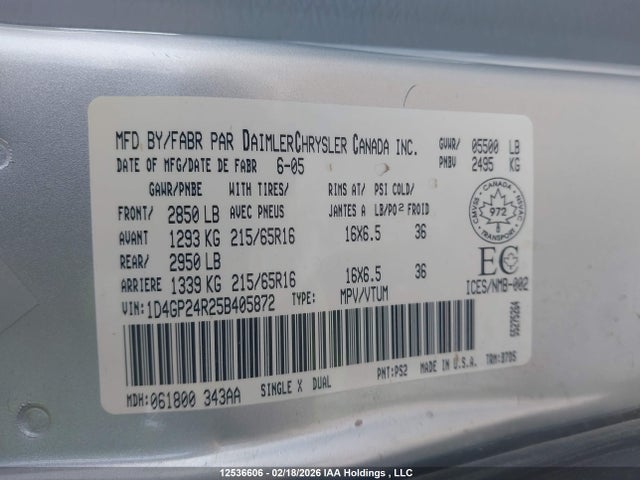 2005 Dodge Grand Caravan Se მანქანა იყიდება აუქციონზე, vin: 1D4GP24R25B405872, აუქციონის ნომერი: 12536606